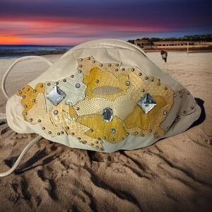 Vintage 80s Leather Patchwork Bag Satchel Crossbody‎ Hinged USA Made Embellished